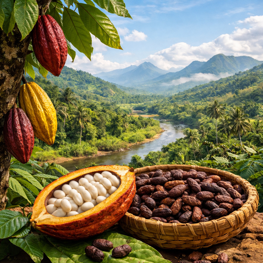 Cacao beans and open cacao pod in Madagascar’s Sambirano Valley landscape.